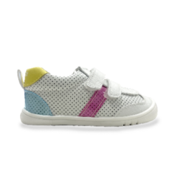 Calzado respetuoso Piruflex microfibra microperforada blanco rosa, azul y amarillo 2 velcros PF350-4