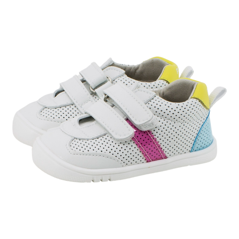 Calzado respetuoso Piruflex microfibra microperforada blanco rosa, azul y amarillo 2 velcros PF350-4
