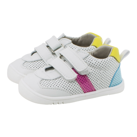 Calzado respetuoso Piruflex microfibra microperforada blanco rosa, azul y amarillo 2 velcros PF350-4