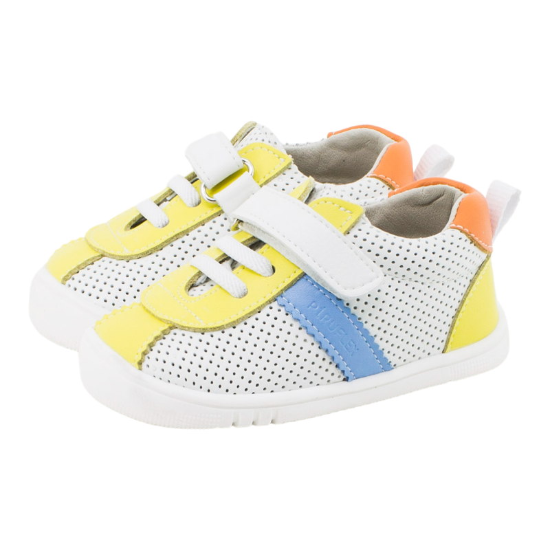 Calzado respetuoso Piruflex microfibra microperforada blanco, amarillo, azul y naranja 1 velcro PF410-1