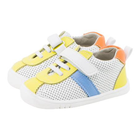 Calzado respetuoso Piruflex microfibra microperforada blanco, amarillo, azul y naranja 1 velcro PF410-1